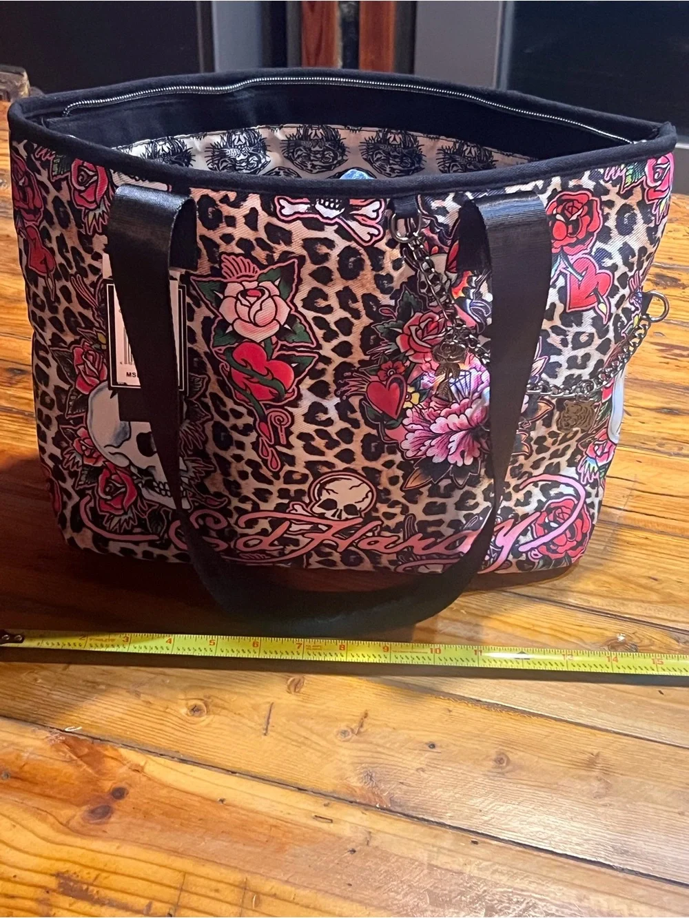 Floral Leopard Print Tote Bag with Skull Accents - Pink